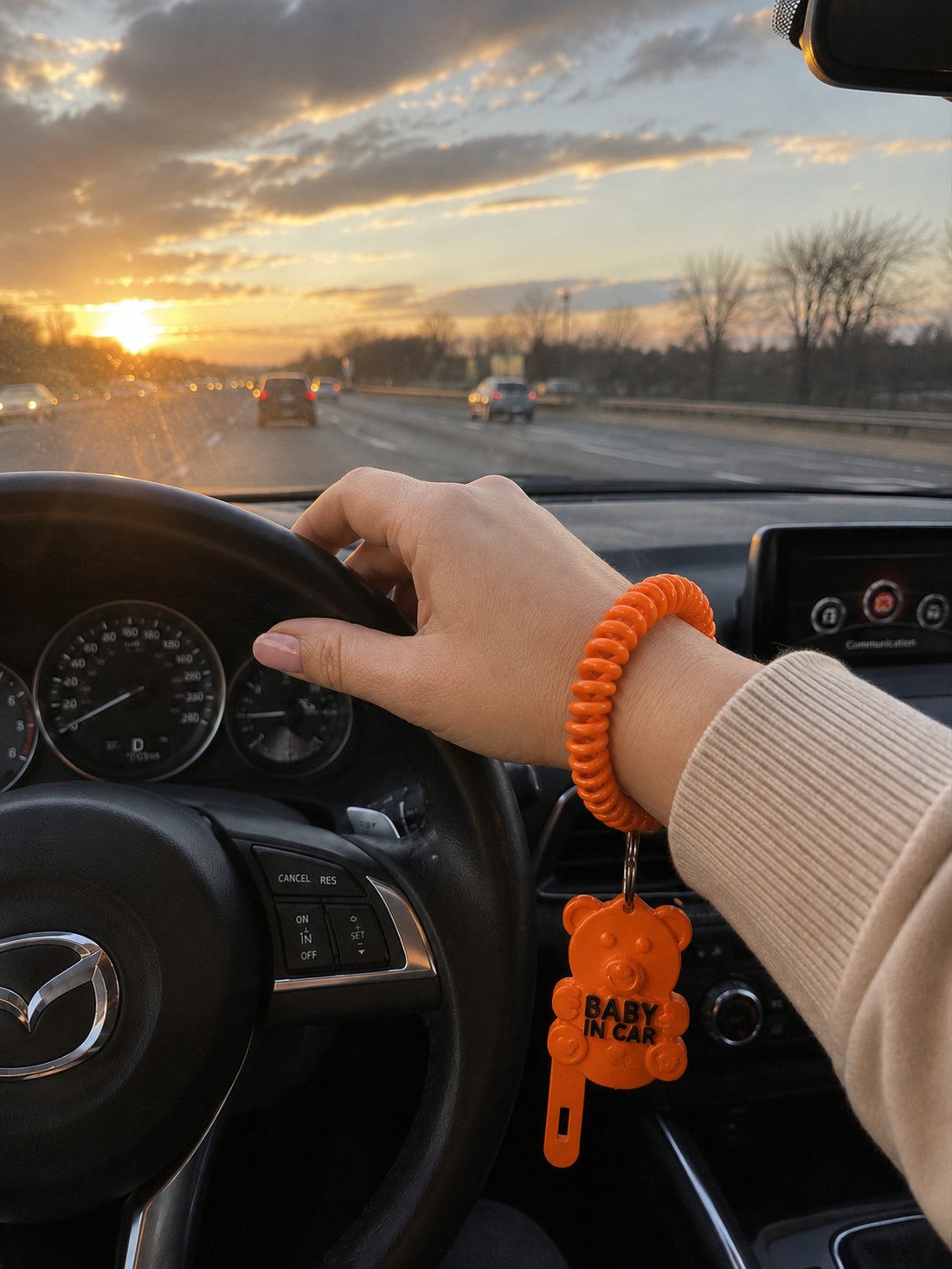WeeMind worn as a bracelet on the wrist while driving at sunset